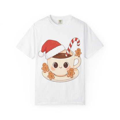 Festive Kawaii Café Companions: Cozy Christmas Cartoon, Cute Gingerbread Holiday SceneT-Shirt – Custom T-Shirt by PixelCraft360, unique decoration for events and special gifts