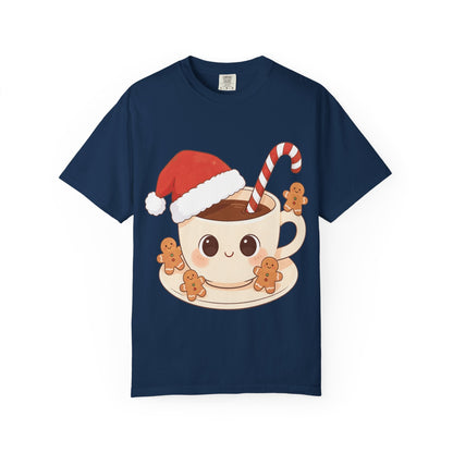 Festive Kawaii Café Companions: Cozy Christmas Cartoon, Cute Gingerbread Holiday SceneT-Shirt – Custom T-Shirt by PixelCraft360, unique decoration for events and special gifts