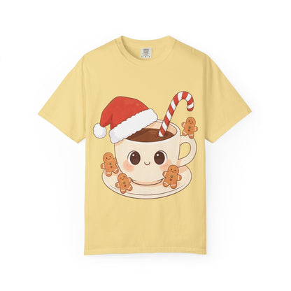 Festive Kawaii Café Companions: Cozy Christmas Cartoon, Cute Gingerbread Holiday SceneT-Shirt – Custom T-Shirt by PixelCraft360, unique decoration for events and special gifts