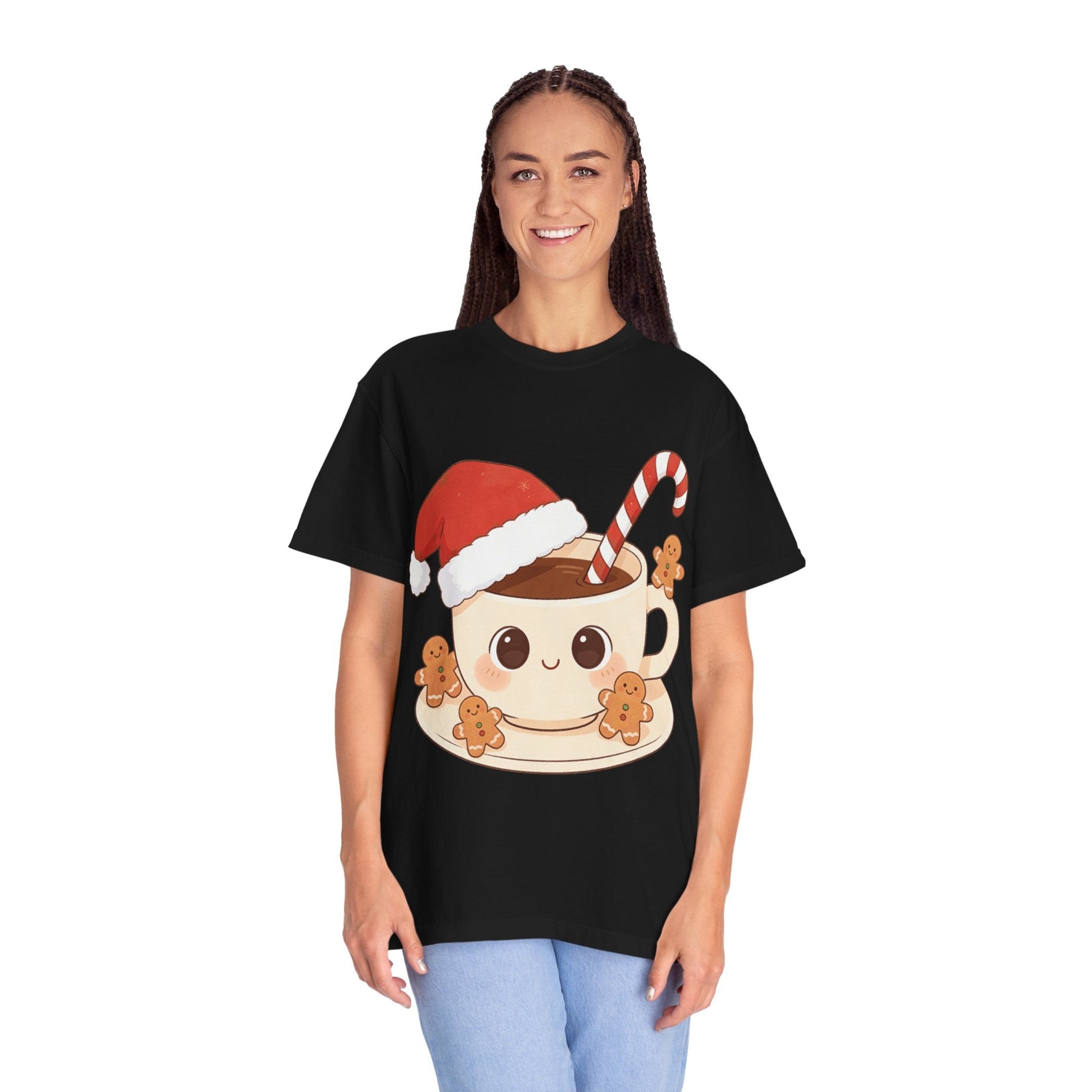 Festive Kawaii Café Companions: Cozy Christmas Cartoon, Cute Gingerbread Holiday SceneT-Shirt – Custom T-Shirt by PixelCraft360, unique decoration for events and special gifts