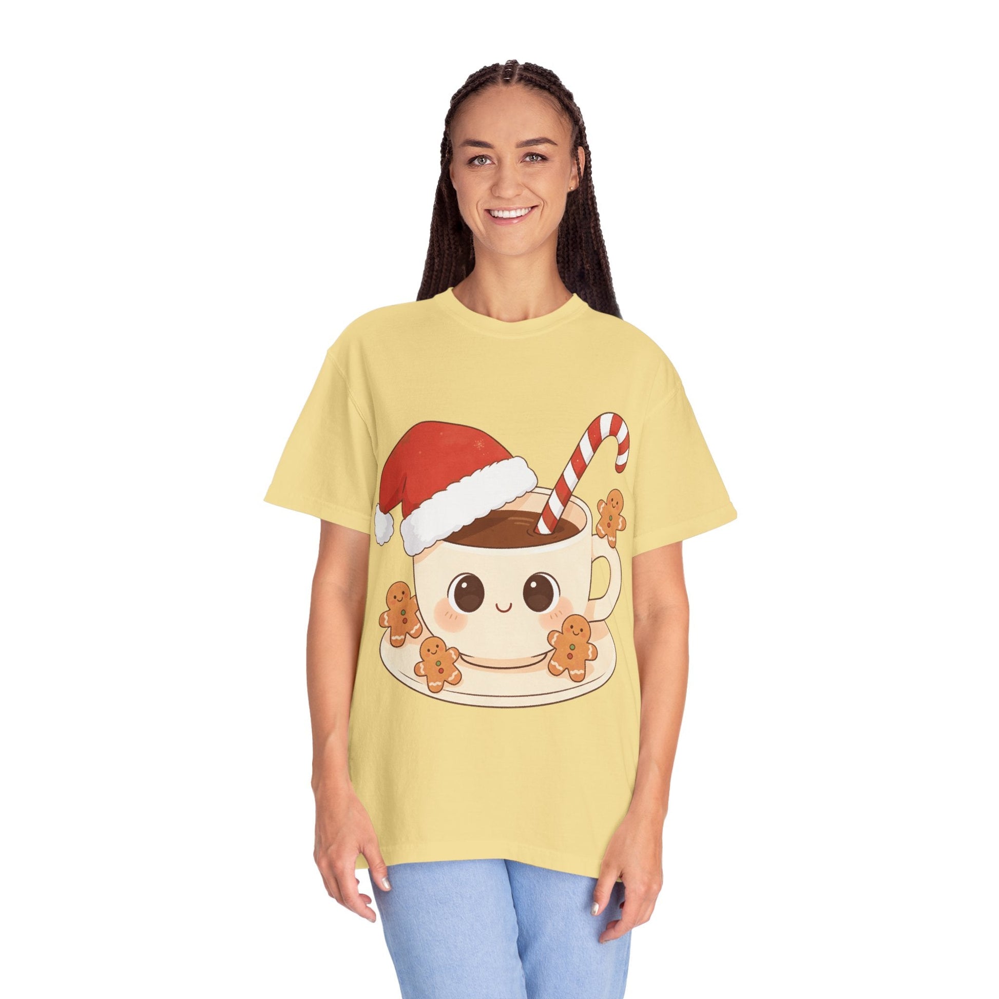 Festive Kawaii Café Companions: Cozy Christmas Cartoon, Cute Gingerbread Holiday SceneT-Shirt – Custom T-Shirt by PixelCraft360, unique decoration for events and special gifts