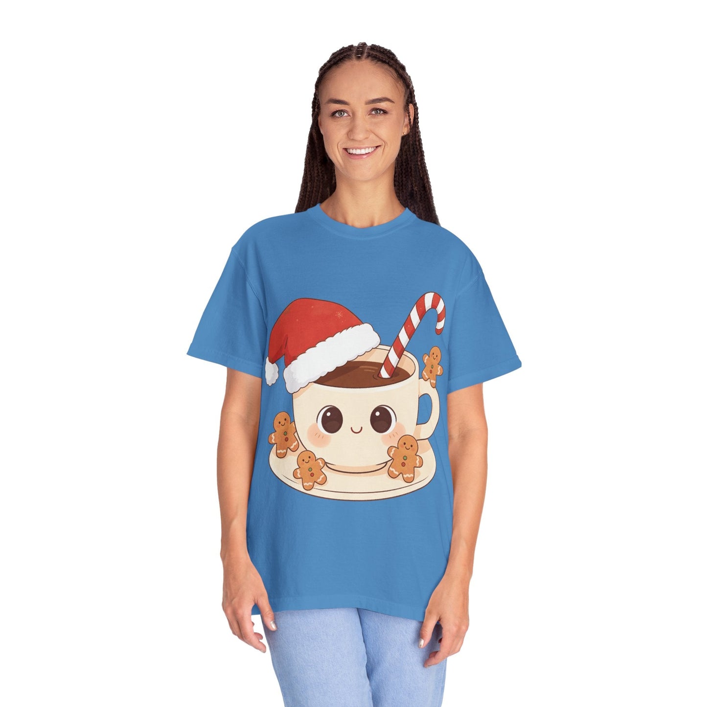 Festive Kawaii Café Companions: Cozy Christmas Cartoon, Cute Gingerbread Holiday SceneT-Shirt – Custom T-Shirt by PixelCraft360, unique decoration for events and special gifts