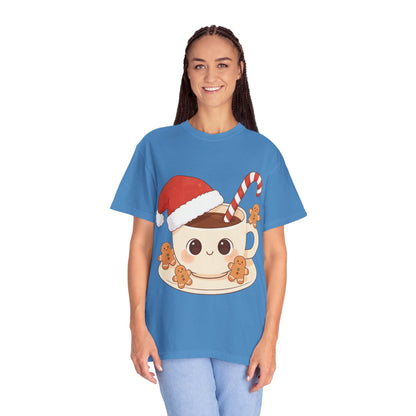 Festive Kawaii Café Companions: Cozy Christmas Cartoon, Cute Gingerbread Holiday SceneT-Shirt – Custom T-Shirt by PixelCraft360, unique decoration for events and special gifts
