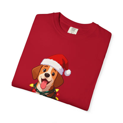 Festive Pup Sparkles: Holiday Hound in Lights, Whimsical Christmas Cartoon T-shirt – Custom T-Shirt by PixelCraft360, unique decoration for events and special gifts