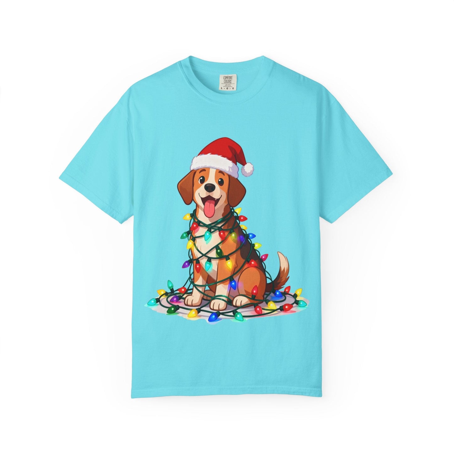 Festive Pup Sparkles: Holiday Hound in Lights, Whimsical Christmas Cartoon T-shirt – Custom T-Shirt by PixelCraft360, unique decoration for events and special gifts