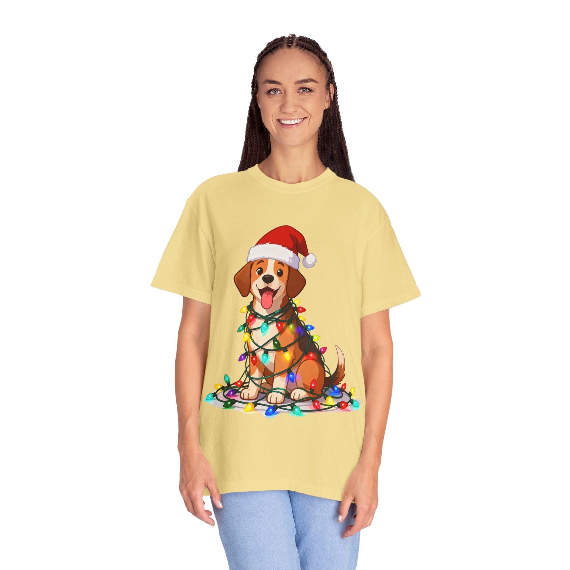 Festive Pup Sparkles: Holiday Hound in Lights, Whimsical Christmas Cartoon T-shirt – Custom T-Shirt by PixelCraft360, unique decoration for events and special gifts