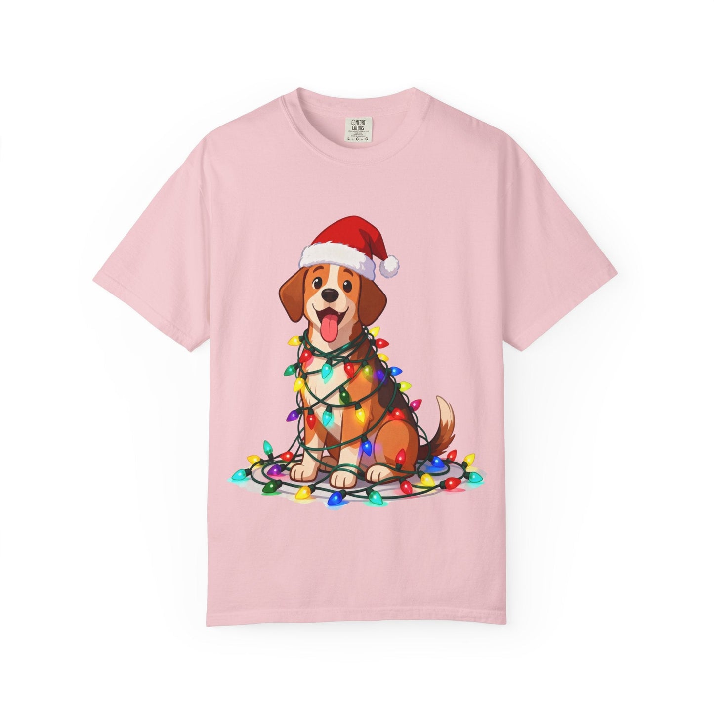 Festive Pup Sparkles: Holiday Hound in Lights, Whimsical Christmas Cartoon T-shirt – Custom T-Shirt by PixelCraft360, unique decoration for events and special gifts