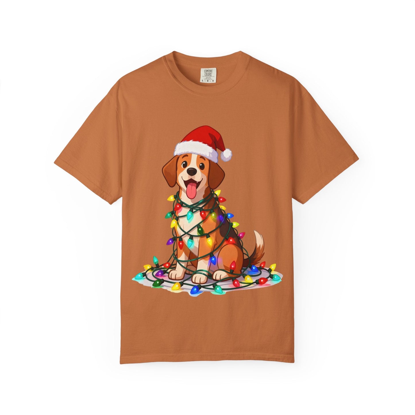 Festive Pup Sparkles: Holiday Hound in Lights, Whimsical Christmas Cartoon T-shirt – Custom T-Shirt by PixelCraft360, unique decoration for events and special gifts