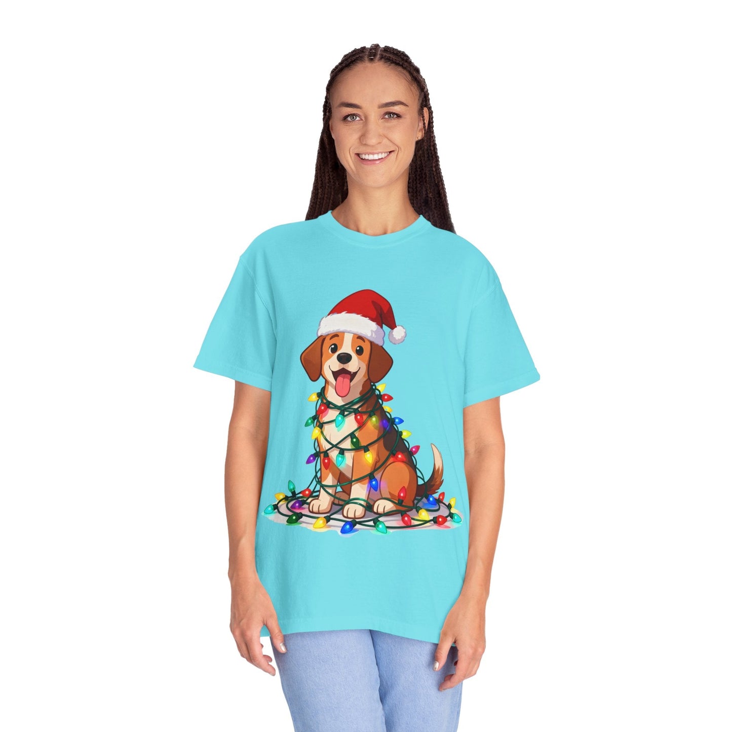 Festive Pup Sparkles: Holiday Hound in Lights, Whimsical Christmas Cartoon T-shirt – Custom T-Shirt by PixelCraft360, unique decoration for events and special gifts