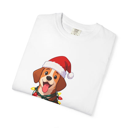 Festive Pup Sparkles: Holiday Hound in Lights, Whimsical Christmas Cartoon T-shirt – Custom T-Shirt by PixelCraft360, unique decoration for events and special gifts