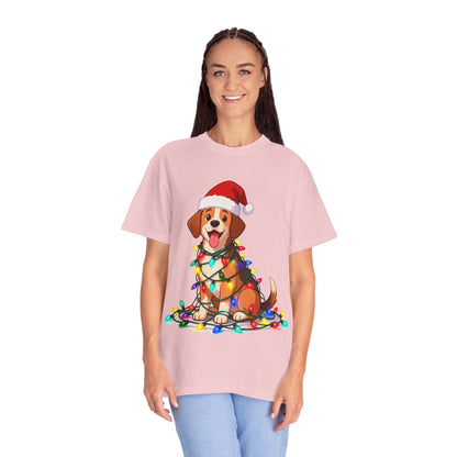 Festive Pup Sparkles: Holiday Hound in Lights, Whimsical Christmas Cartoon T-shirt – Custom T-Shirt by PixelCraft360, unique decoration for events and special gifts