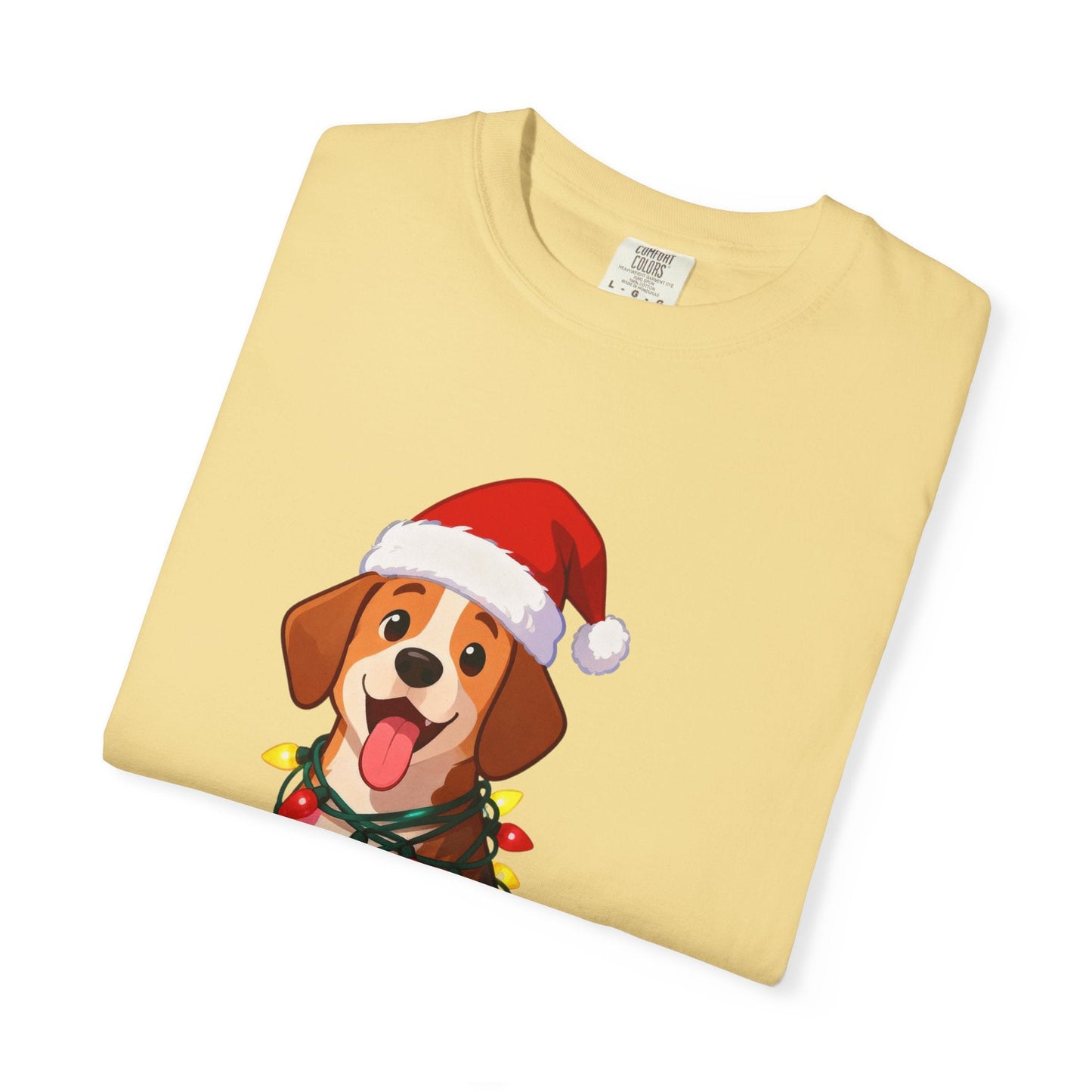 Festive Pup Sparkles: Holiday Hound in Lights, Whimsical Christmas Cartoon T-shirt – Custom T-Shirt by PixelCraft360, unique decoration for events and special gifts