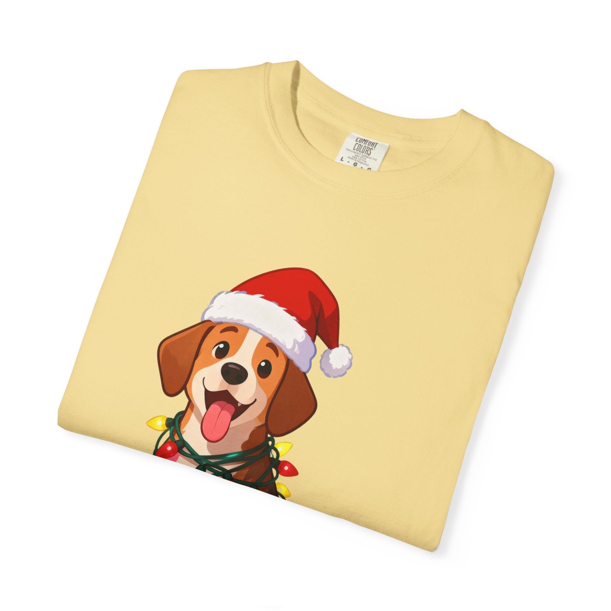Festive Pup Sparkles: Holiday Hound in Lights, Whimsical Christmas Cartoon T-shirt – Custom T-Shirt by PixelCraft360, unique decoration for events and special gifts