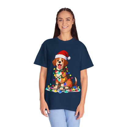 Festive Pup Sparkles: Holiday Hound in Lights, Whimsical Christmas Cartoon T-shirt – Custom T-Shirt by PixelCraft360, unique decoration for events and special gifts