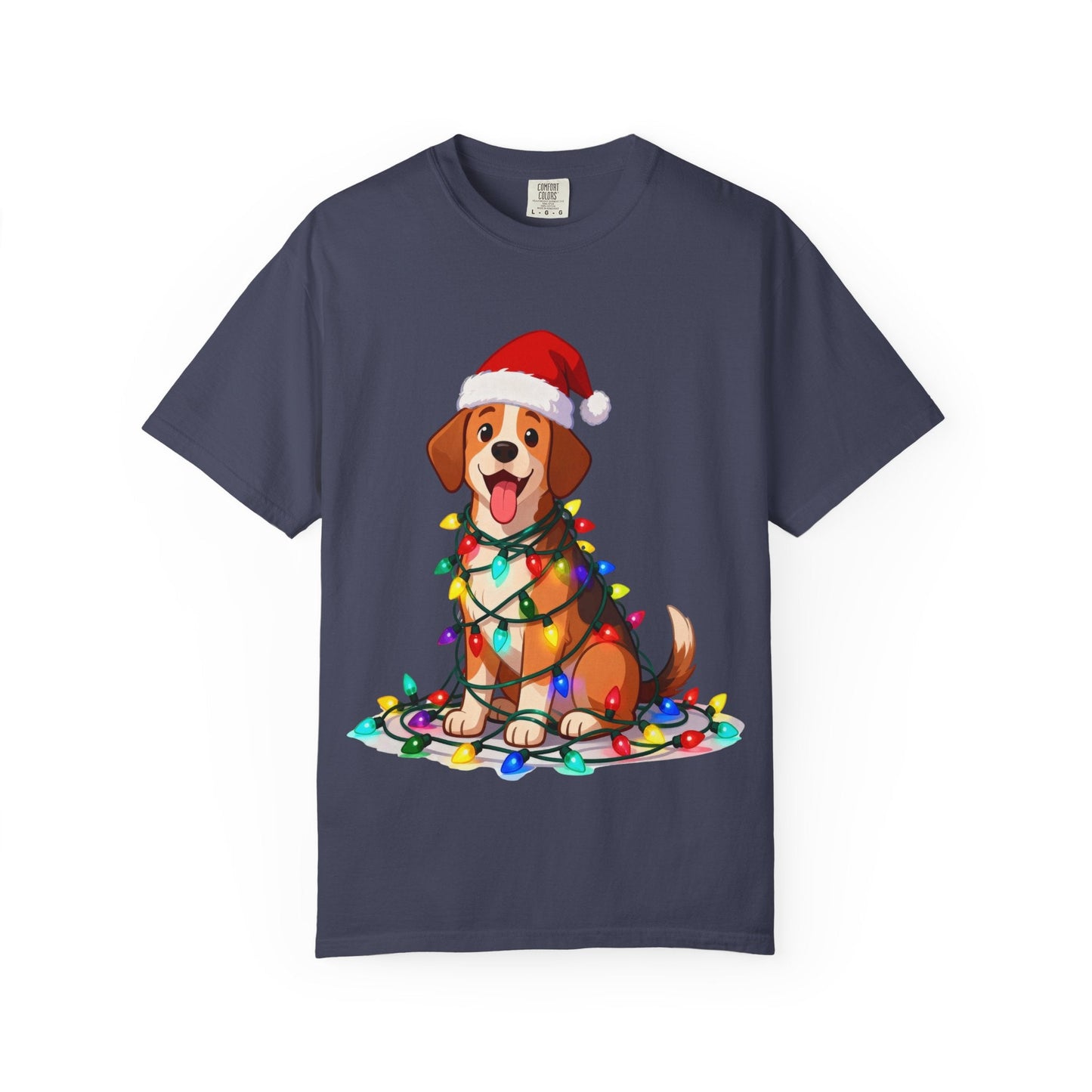 Festive Pup Sparkles: Holiday Hound in Lights, Whimsical Christmas Cartoon T-shirt – Custom T-Shirt by PixelCraft360, unique decoration for events and special gifts