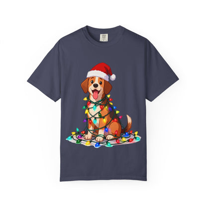 Festive Pup Sparkles: Holiday Hound in Lights, Whimsical Christmas Cartoon T-shirt – Custom T-Shirt by PixelCraft360, unique decoration for events and special gifts