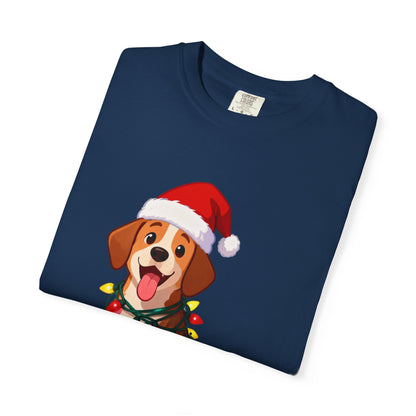 Festive Pup Sparkles: Holiday Hound in Lights, Whimsical Christmas Cartoon T-shirt – Custom T-Shirt by PixelCraft360, unique decoration for events and special gifts