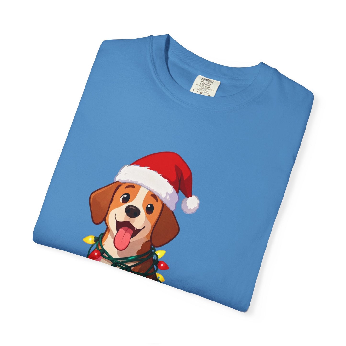 Festive Pup Sparkles: Holiday Hound in Lights, Whimsical Christmas Cartoon T-shirt – Custom T-Shirt by PixelCraft360, unique decoration for events and special gifts