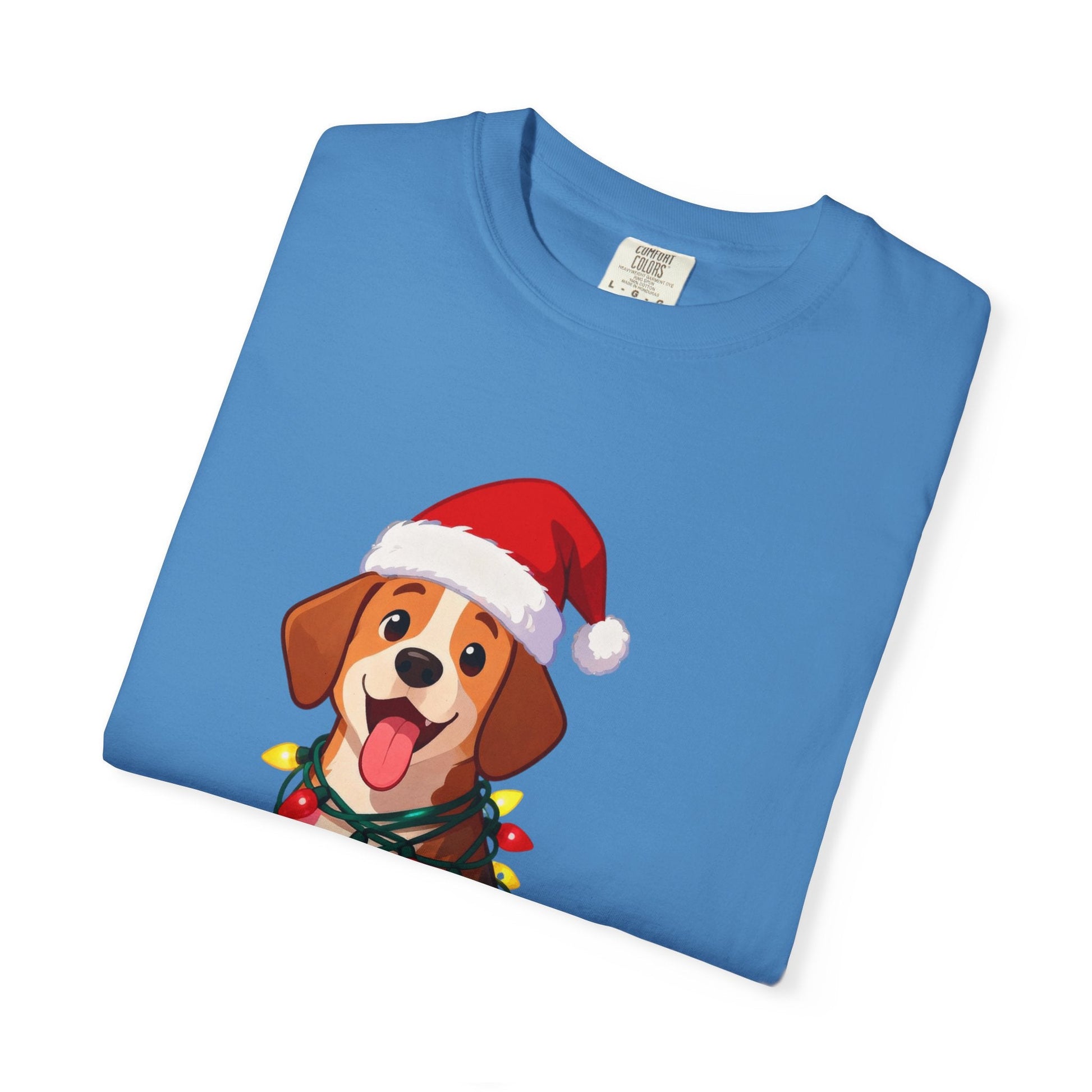 Festive Pup Sparkles: Holiday Hound in Lights, Whimsical Christmas Cartoon T-shirt – Custom T-Shirt by PixelCraft360, unique decoration for events and special gifts