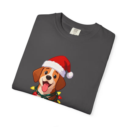 Festive Pup Sparkles: Holiday Hound in Lights, Whimsical Christmas Cartoon T-shirt – Custom T-Shirt by PixelCraft360, unique decoration for events and special gifts