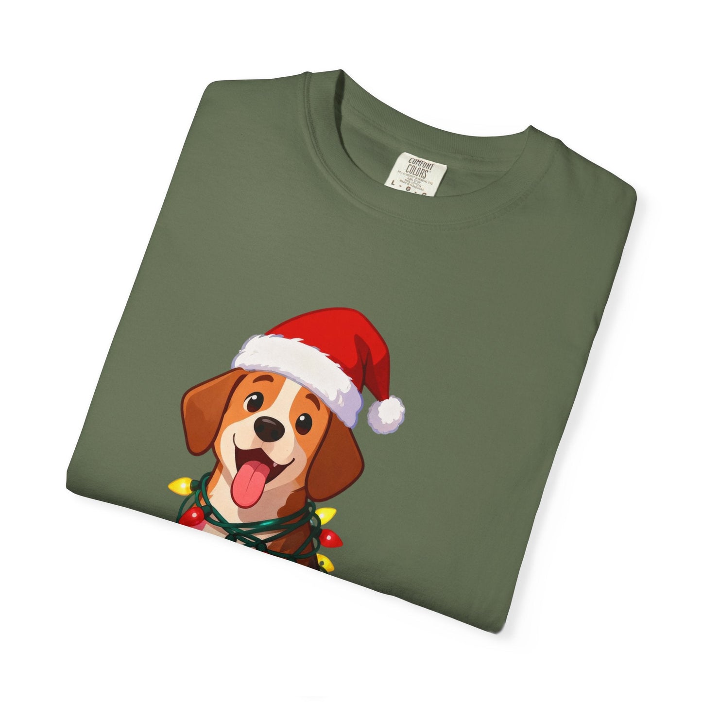 Festive Pup Sparkles: Holiday Hound in Lights, Whimsical Christmas Cartoon T-shirt – Custom T-Shirt by PixelCraft360, unique decoration for events and special gifts