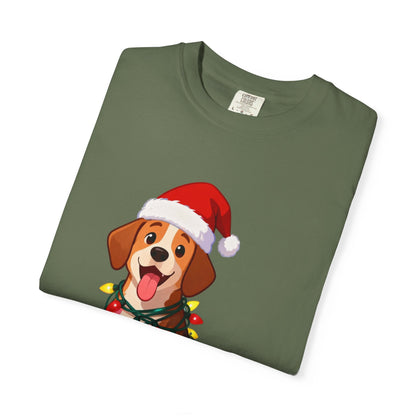 Festive Pup Sparkles: Holiday Hound in Lights, Whimsical Christmas Cartoon T-shirt – Custom T-Shirt by PixelCraft360, unique decoration for events and special gifts