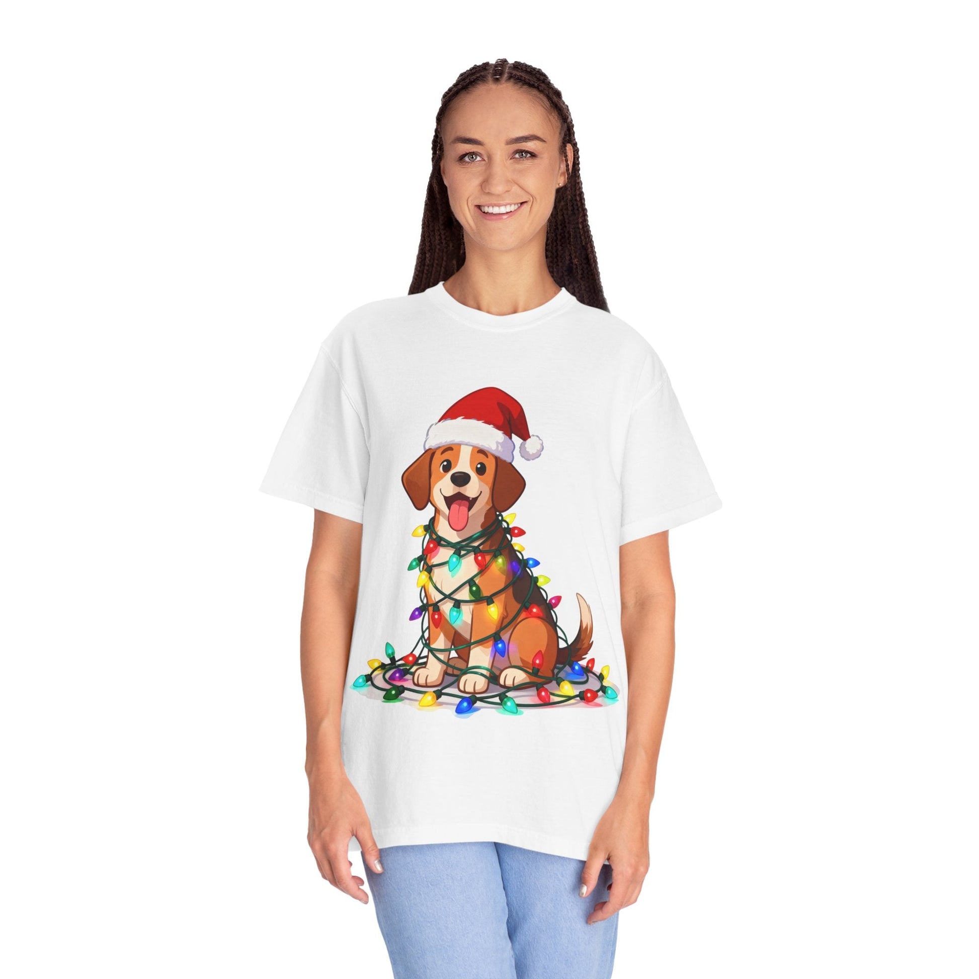 Festive Pup Sparkles: Holiday Hound in Lights, Whimsical Christmas Cartoon T-shirt – Custom T-Shirt by PixelCraft360, unique decoration for events and special gifts