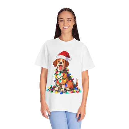 Festive Pup Sparkles: Holiday Hound in Lights, Whimsical Christmas Cartoon T-shirt – Custom T-Shirt by PixelCraft360, unique decoration for events and special gifts