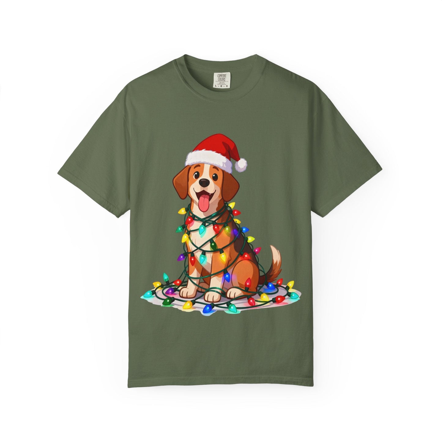 Festive Pup Sparkles: Holiday Hound in Lights, Whimsical Christmas Cartoon T-shirt – Custom T-Shirt by PixelCraft360, unique decoration for events and special gifts