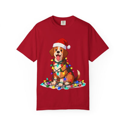 Festive Pup Sparkles: Holiday Hound in Lights, Whimsical Christmas Cartoon T-shirt – Custom T-Shirt by PixelCraft360, unique decoration for events and special gifts