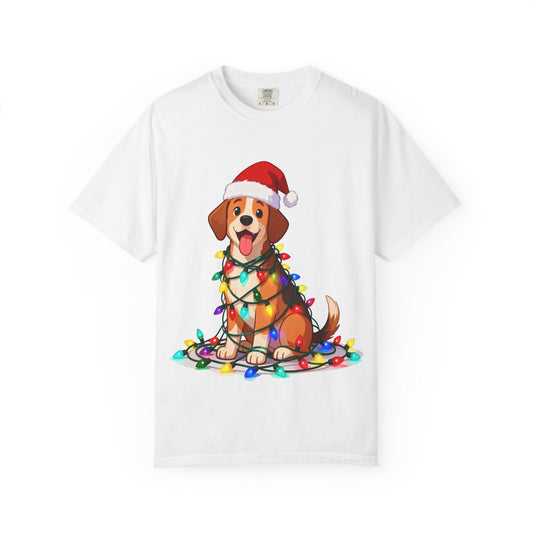 Festive Pup Sparkles: Holiday Hound in Lights, Whimsical Christmas Cartoon T-shirt – Custom T-Shirt by PixelCraft360, unique decoration for events and special gifts