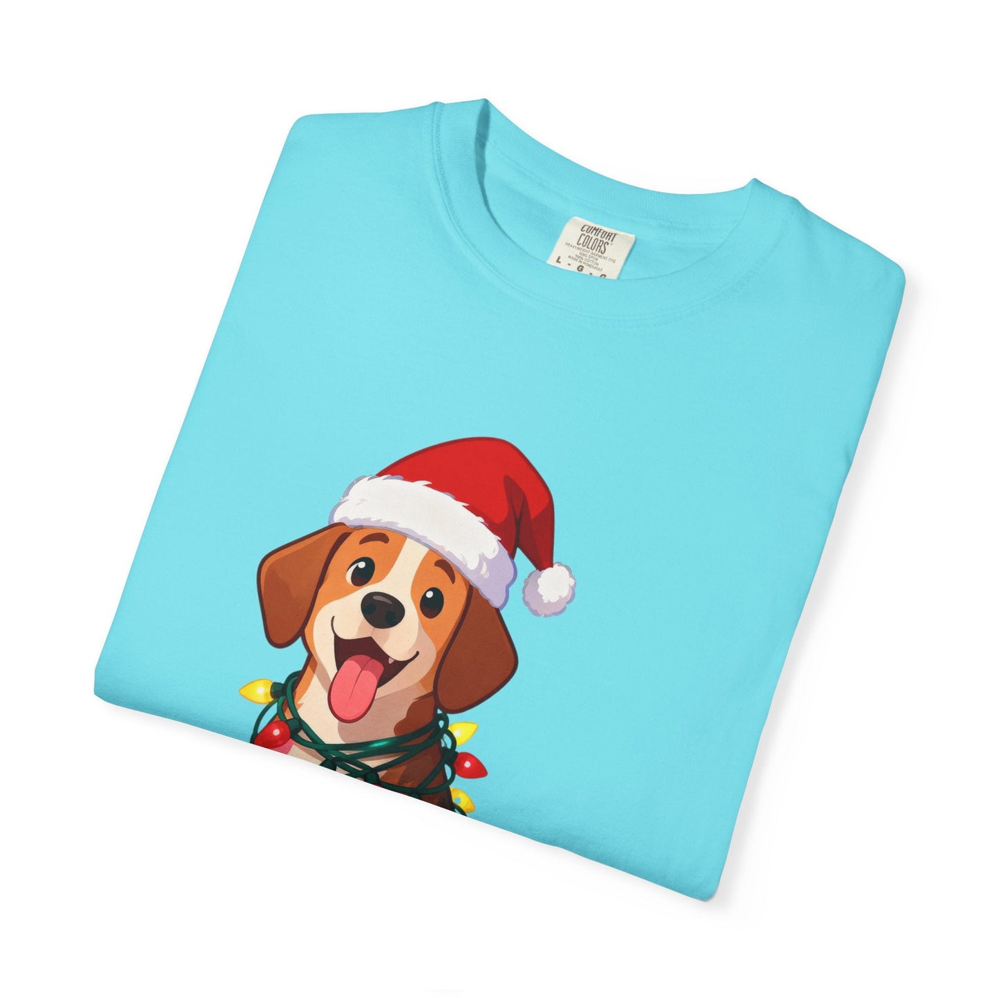 Festive Pup Sparkles: Holiday Hound in Lights, Whimsical Christmas Cartoon T-shirt – Custom T-Shirt by PixelCraft360, unique decoration for events and special gifts
