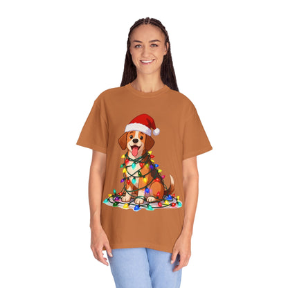Festive Pup Sparkles: Holiday Hound in Lights, Whimsical Christmas Cartoon T-shirt – Custom T-Shirt by PixelCraft360, unique decoration for events and special gifts