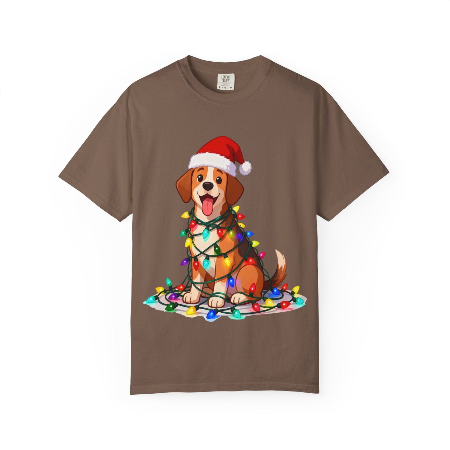 Festive Pup Sparkles: Holiday Hound in Lights, Whimsical Christmas Cartoon T-shirt – Custom T-Shirt by PixelCraft360, unique decoration for events and special gifts