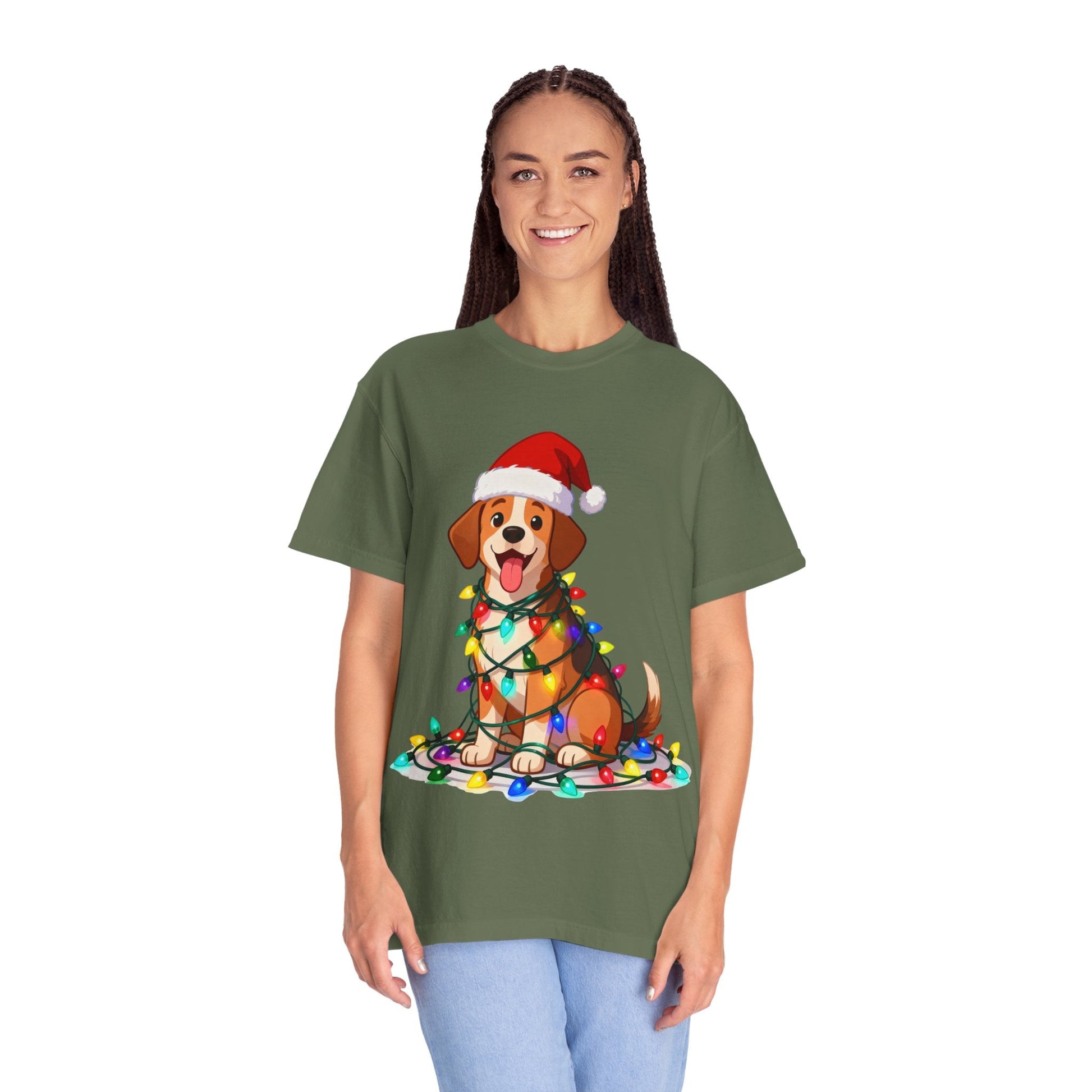 Festive Pup Sparkles: Holiday Hound in Lights, Whimsical Christmas Cartoon T-shirt – Custom T-Shirt by PixelCraft360, unique decoration for events and special gifts