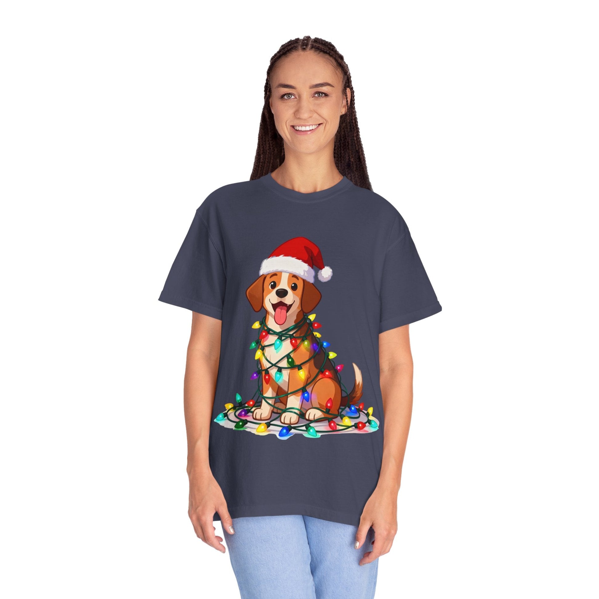 Festive Pup Sparkles: Holiday Hound in Lights, Whimsical Christmas Cartoon T-shirt – Custom T-Shirt by PixelCraft360, unique decoration for events and special gifts