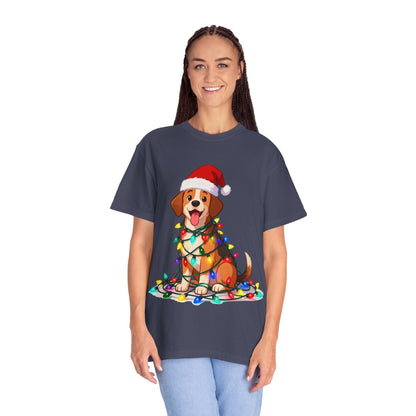 Festive Pup Sparkles: Holiday Hound in Lights, Whimsical Christmas Cartoon T-shirt – Custom T-Shirt by PixelCraft360, unique decoration for events and special gifts
