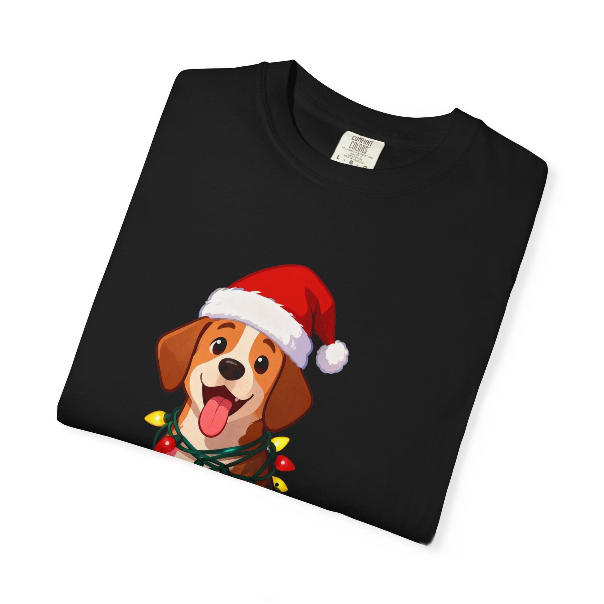 Festive Pup Sparkles: Holiday Hound in Lights, Whimsical Christmas Cartoon T-shirt – Custom T-Shirt by PixelCraft360, unique decoration for events and special gifts