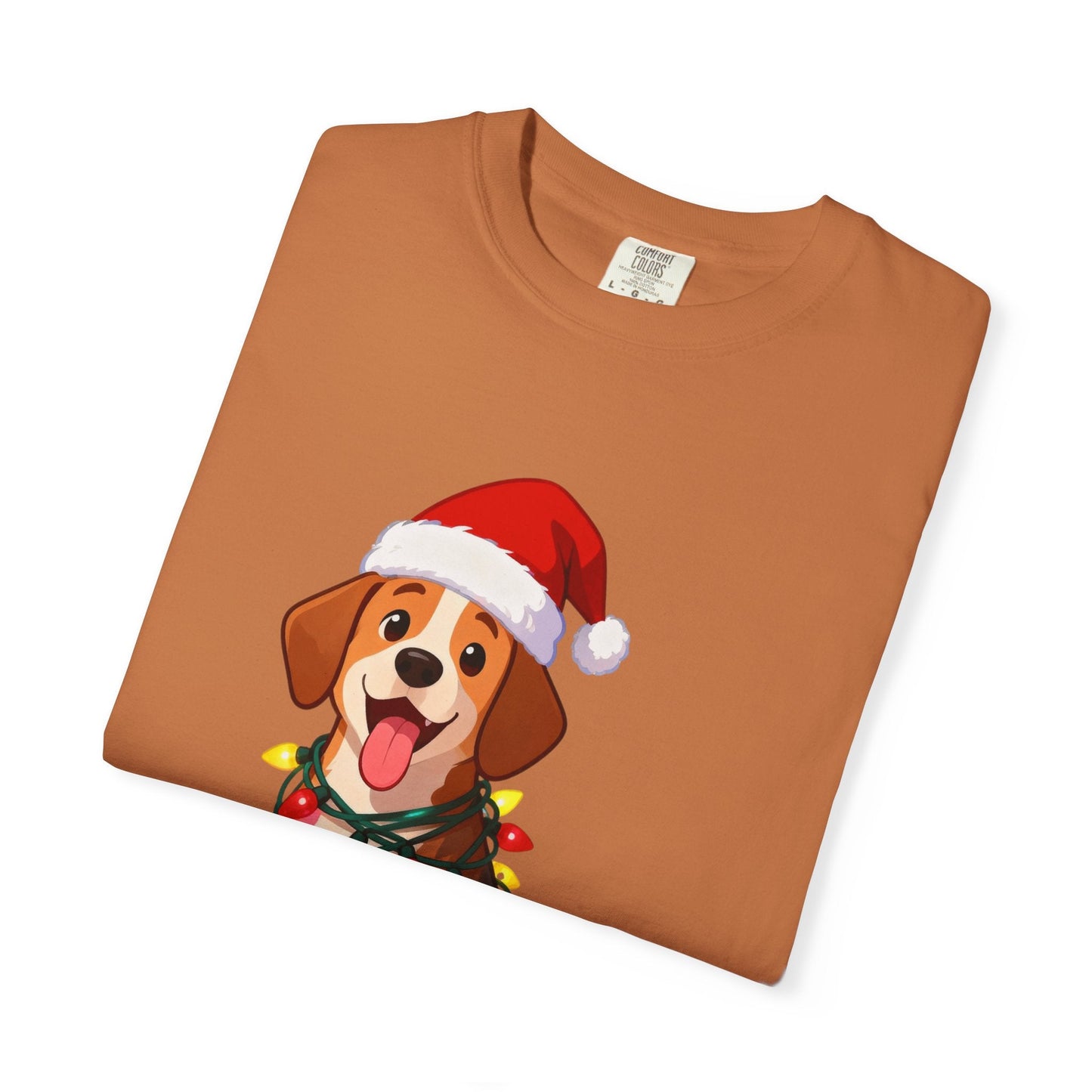 Festive Pup Sparkles: Holiday Hound in Lights, Whimsical Christmas Cartoon T-shirt – Custom T-Shirt by PixelCraft360, unique decoration for events and special gifts
