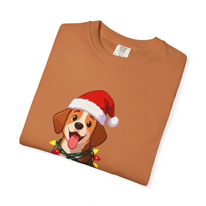Festive Pup Sparkles: Holiday Hound in Lights, Whimsical Christmas Cartoon T-shirt – Custom T-Shirt by PixelCraft360, unique decoration for events and special gifts