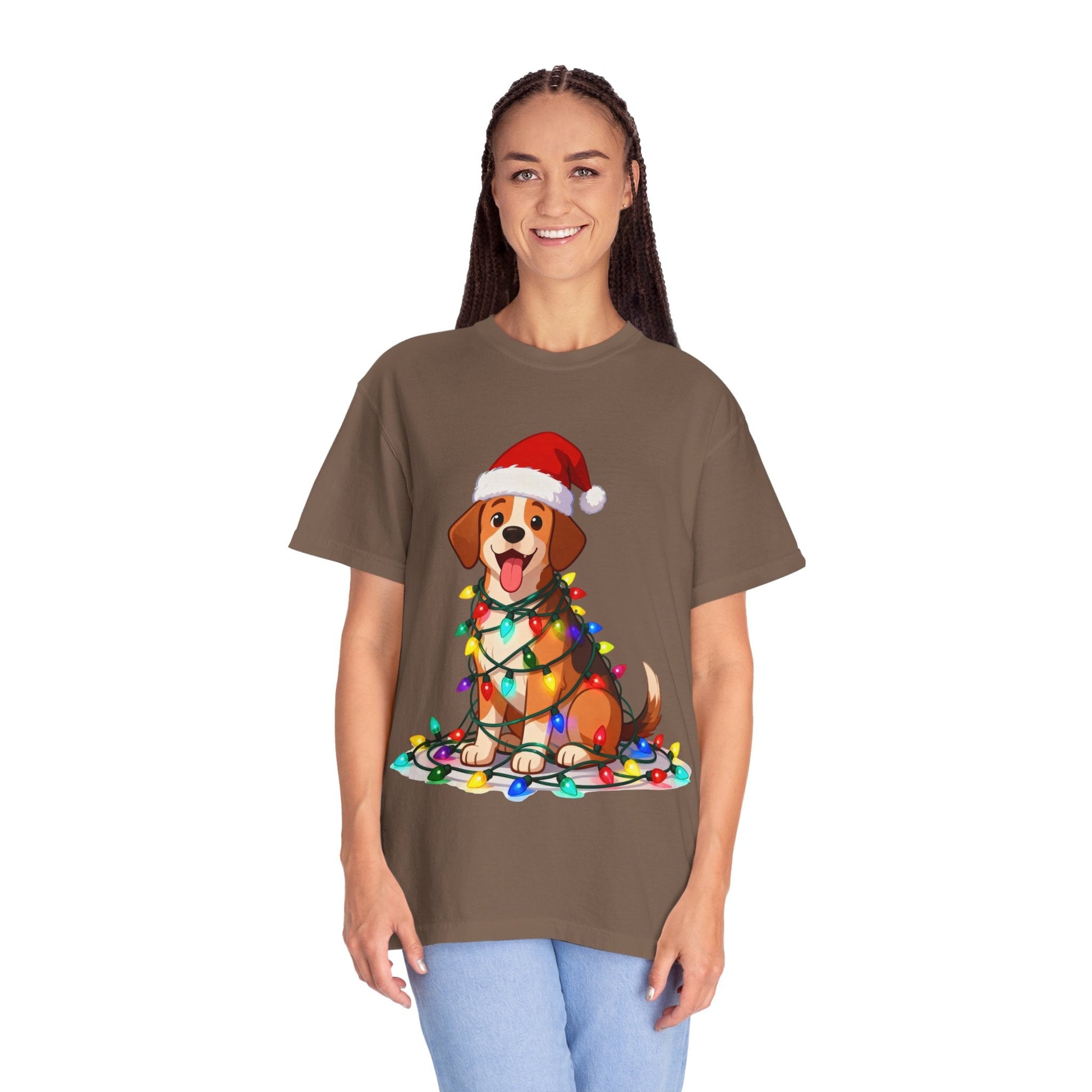 Festive Pup Sparkles: Holiday Hound in Lights, Whimsical Christmas Cartoon T-shirt – Custom T-Shirt by PixelCraft360, unique decoration for events and special gifts