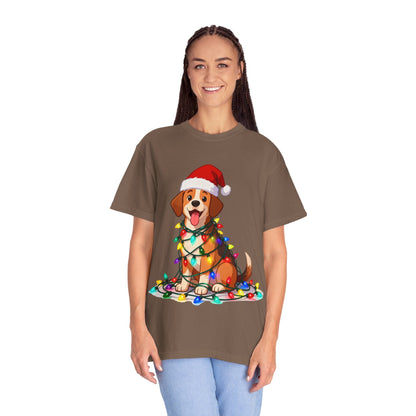 Festive Pup Sparkles: Holiday Hound in Lights, Whimsical Christmas Cartoon T-shirt – Custom T-Shirt by PixelCraft360, unique decoration for events and special gifts