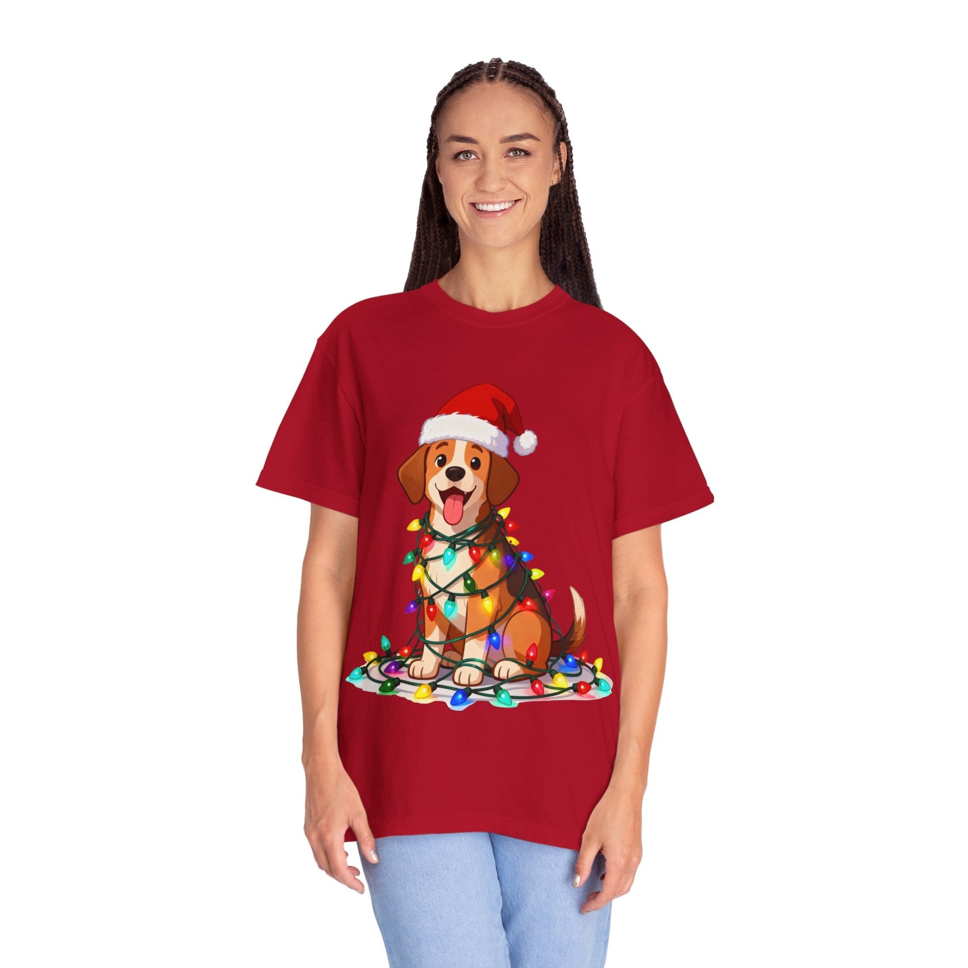 Festive Pup Sparkles: Holiday Hound in Lights, Whimsical Christmas Cartoon T-shirt – Custom T-Shirt by PixelCraft360, unique decoration for events and special gifts