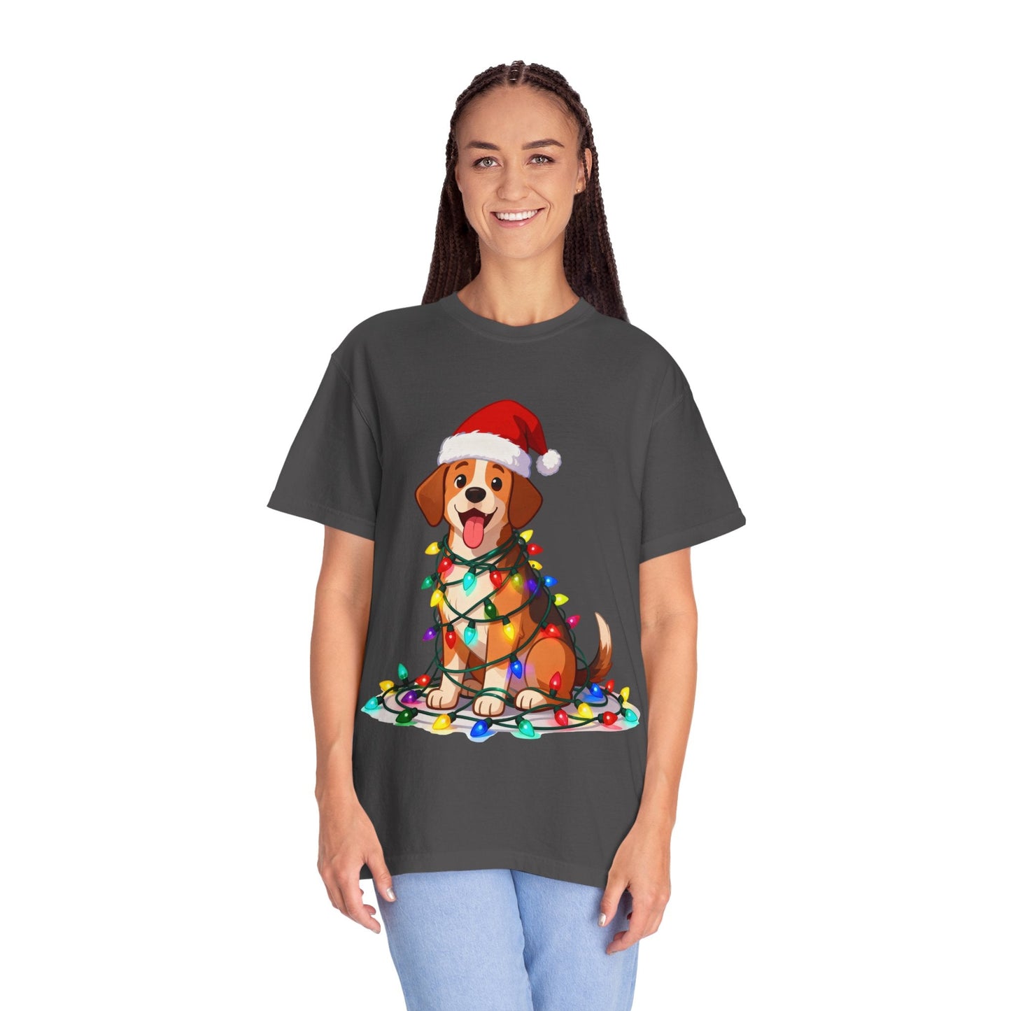 Festive Pup Sparkles: Holiday Hound in Lights, Whimsical Christmas Cartoon T-shirt – Custom T-Shirt by PixelCraft360, unique decoration for events and special gifts