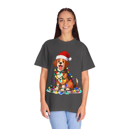 Festive Pup Sparkles: Holiday Hound in Lights, Whimsical Christmas Cartoon T-shirt – Custom T-Shirt by PixelCraft360, unique decoration for events and special gifts