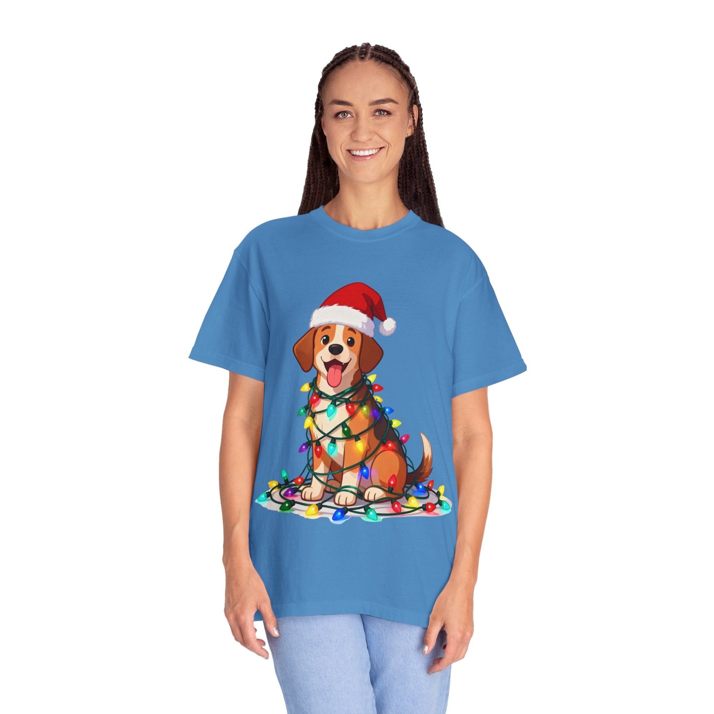 Festive Pup Sparkles: Holiday Hound in Lights, Whimsical Christmas Cartoon T-shirt – Custom T-Shirt by PixelCraft360, unique decoration for events and special gifts