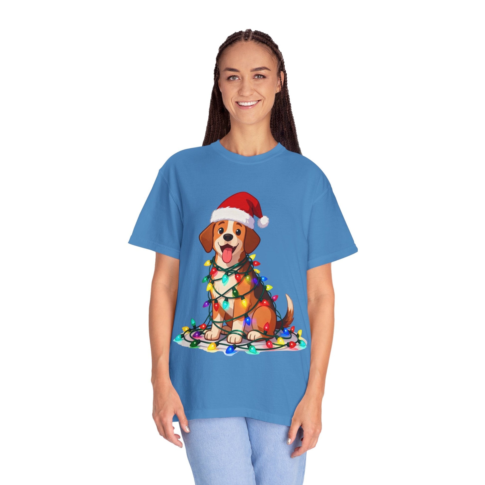 Festive Pup Sparkles: Holiday Hound in Lights, Whimsical Christmas Cartoon T-shirt – Custom T-Shirt by PixelCraft360, unique decoration for events and special gifts