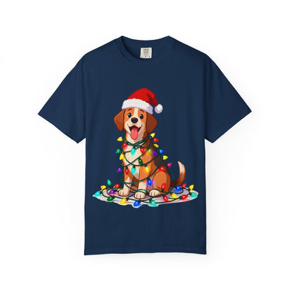 Festive Pup Sparkles: Holiday Hound in Lights, Whimsical Christmas Cartoon T-shirt – Custom T-Shirt by PixelCraft360, unique decoration for events and special gifts
