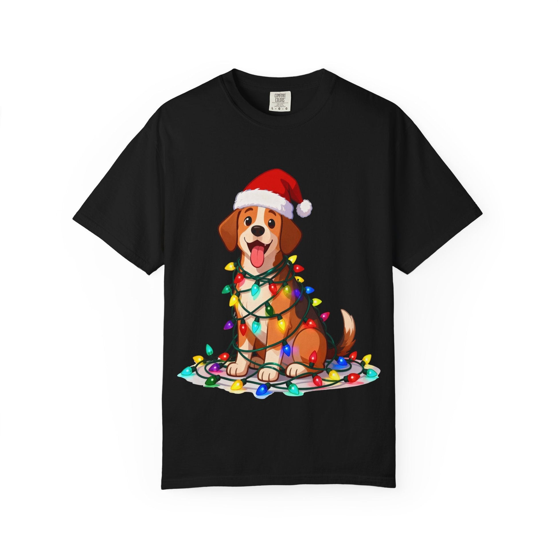 Festive Pup Sparkles: Holiday Hound in Lights, Whimsical Christmas Cartoon T-shirt – Custom T-Shirt by PixelCraft360, unique decoration for events and special gifts