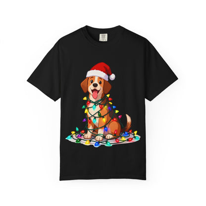 Festive Pup Sparkles: Holiday Hound in Lights, Whimsical Christmas Cartoon T-shirt – Custom T-Shirt by PixelCraft360, unique decoration for events and special gifts